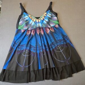 Plus Size 22W Swim Dress Blue Fractal Floral Print Mesh Overlay Swimwear Fairy